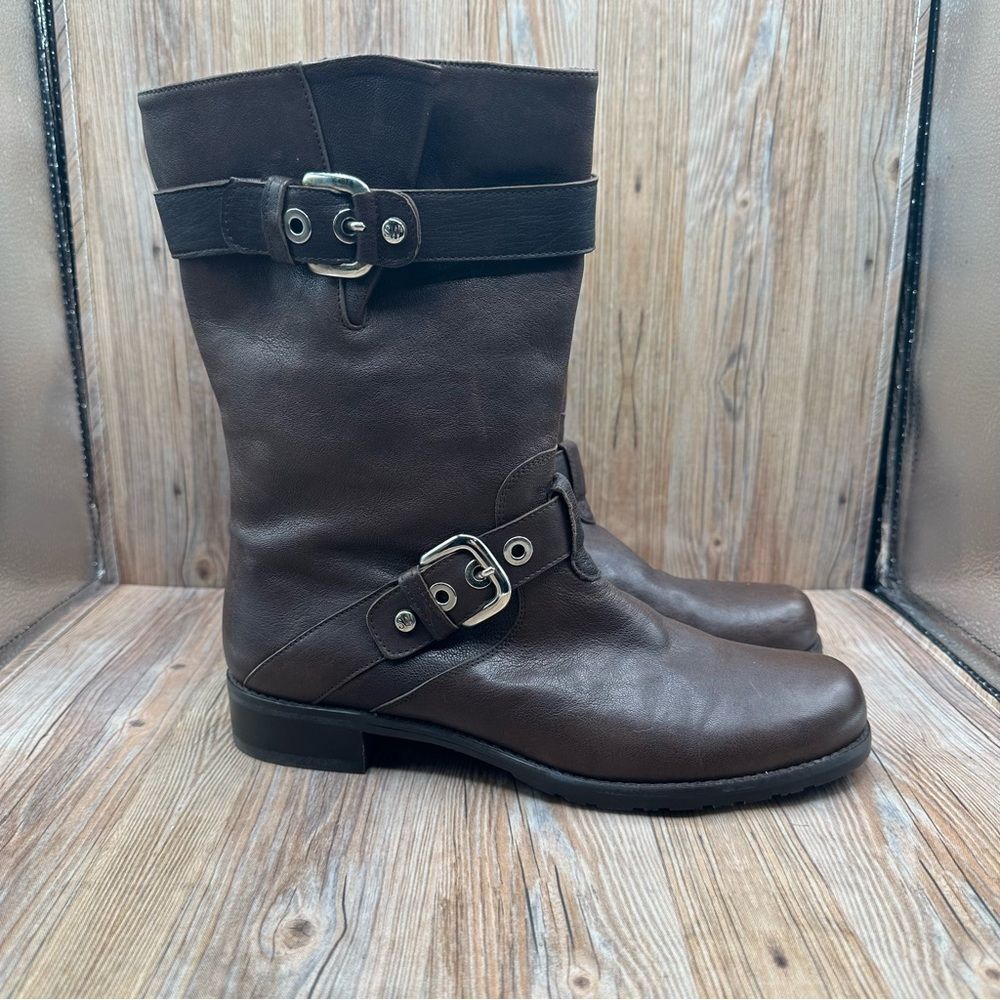 Stuart Weitzman Lotroops Brown Leather Moto Riding Boots Buckles Side Zip Sz 9.5
